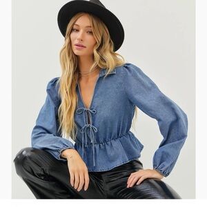 Washed Cotton Denim Drop Waist Top with Split Neck